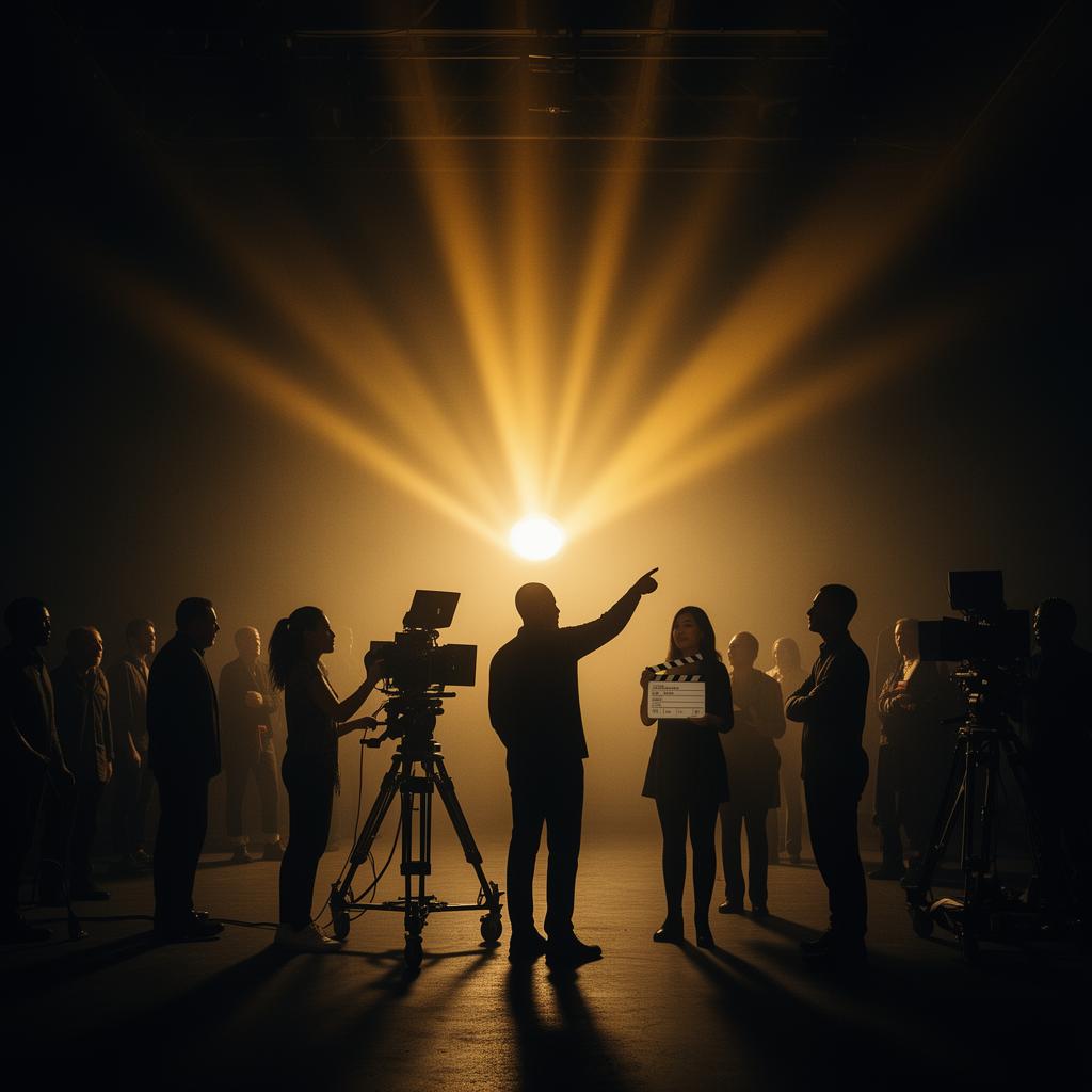 Cinematic film production stage with golden spotlight